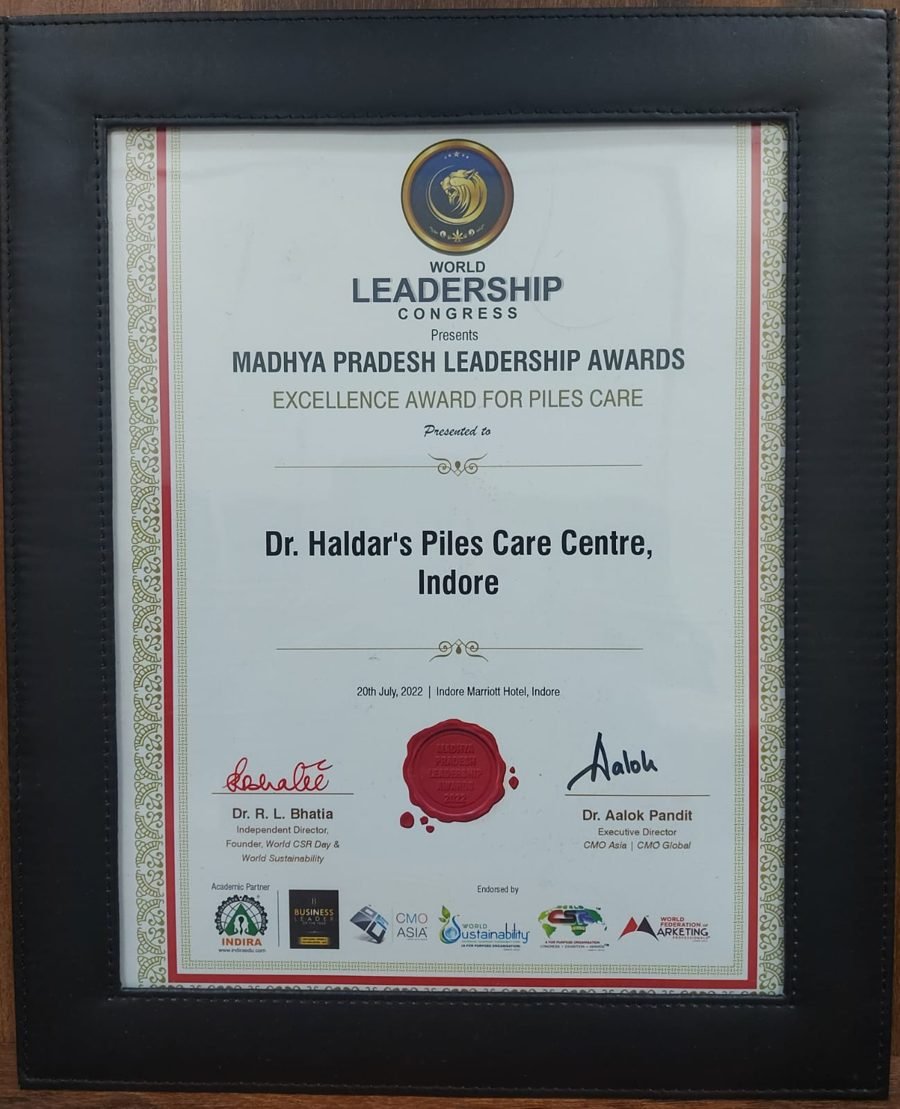 Excellence Award for Piles Care certificate — Madhya Pradesh Leadership Awards 2022